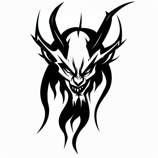 Tribal devil pattern with sharp lines and curves in black ink