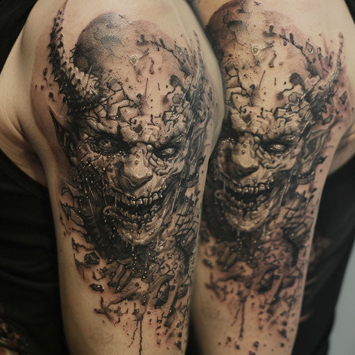Eerie demonic faces tattoo representing conquered inner demons