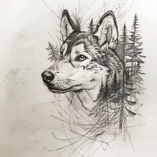 Intricate flat tattoo sketch with a husky amidst a pattern of pine trees