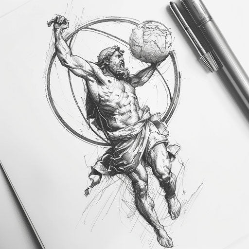 Mythical flat tattoo sketch of Atlas balancing the world