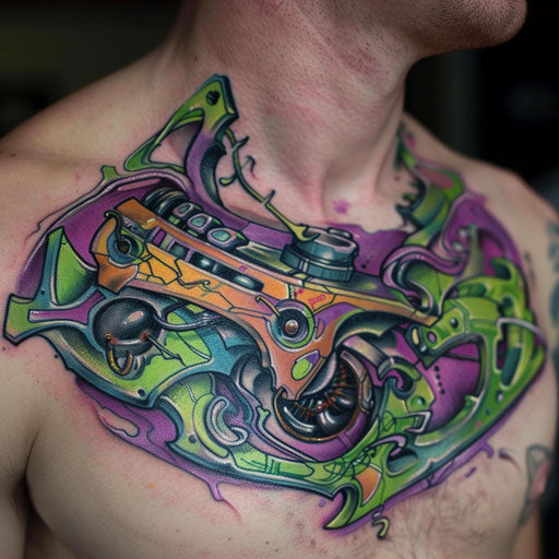 Abstract and colorful biomechanical collarbone tattoo