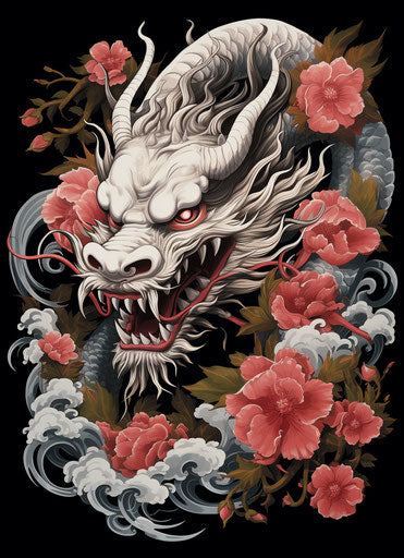 Japanese dragon tattoo design, silver and red style