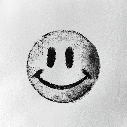 Minimalist black and white smiley face tattoo art, isolated on white