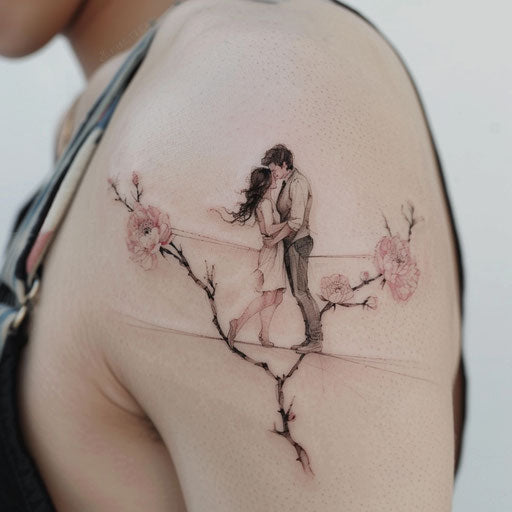 Romantic flat tattoo sketch of a couple balancing on a wire