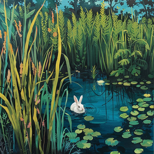 Lush wetland with a variety of water plants, a white tail rabbit cautiously moving through the reeds.