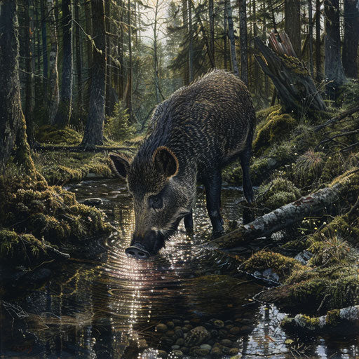 Wild boar drinking from a clear forest stream