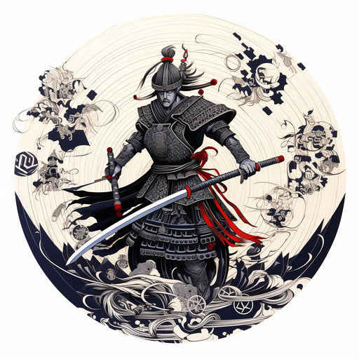 A samurai holding swords over his head in a whimsical ink drawing