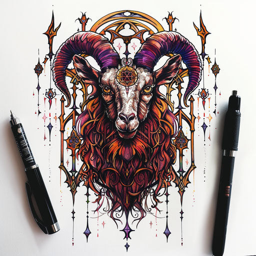Gothic goat tattoo design with stained glass elements