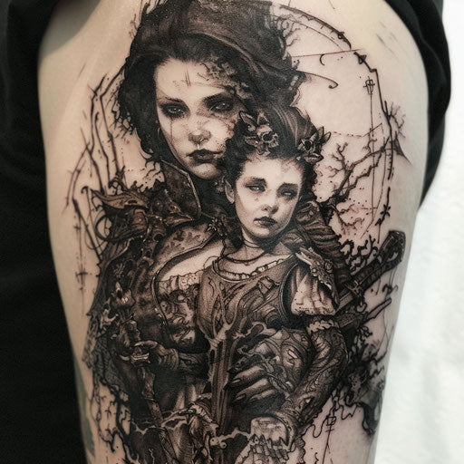 Mother son tattoos with gothic elements
