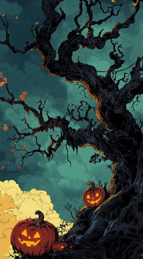 Halloween background with an old tree and pumpkins