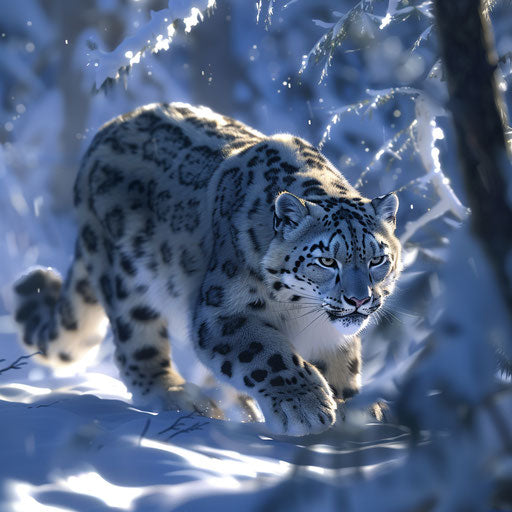 A snow leopard hunting at twilight