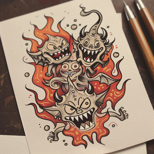 Tattoo Sketch of Charming Cartoonish Hell with Cheeky Devils and Playful Fire