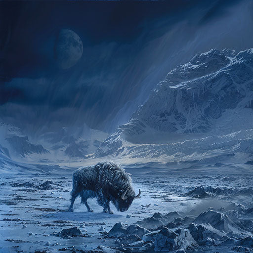 Musk ox in dramatic arctic landscape, bold lighting