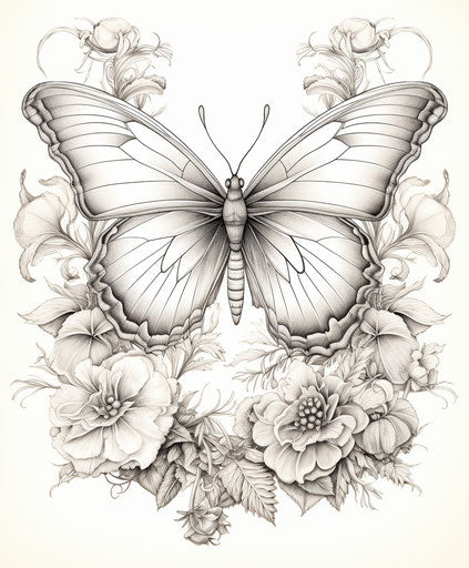 Butterfly in tranquil garden, intricate coloring page