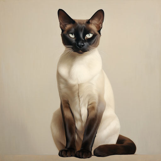 Siamese cat on white background, dark maroon and light beige
