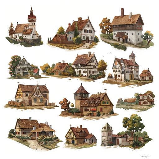 Realistic village clipart against white background