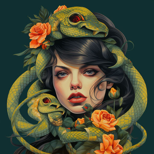 Portrait of girl with snake and rose, classic tattoo style