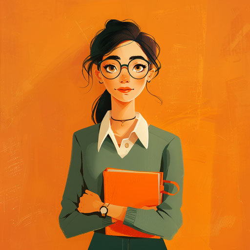 Realistic teacher illustration on flat sunset orange background