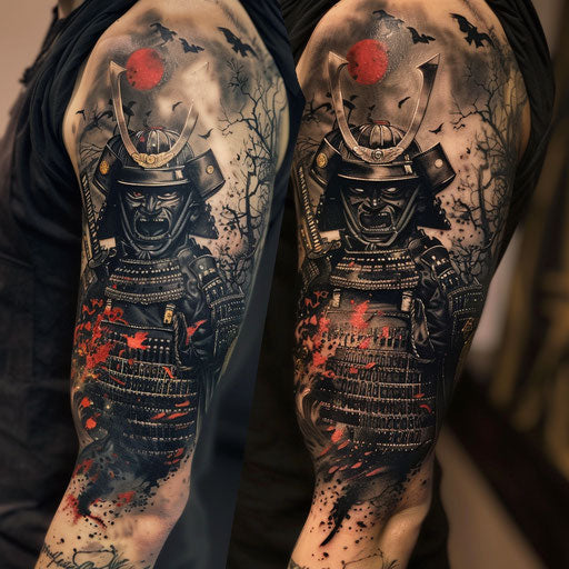 Samurai warriors arm tattoo in the style of Ami James