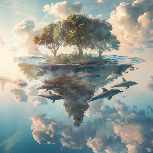 Dolphins circling floating island in the sky