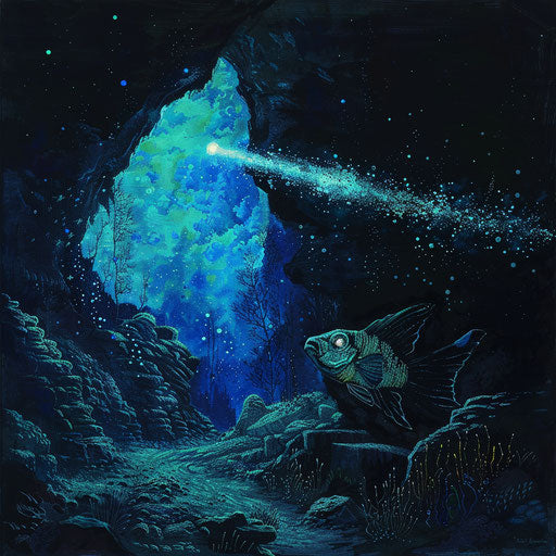 A bioluminescent fish shining in the dark depths of the ocean, a beacon in the abyss.