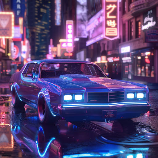 Retro-futuristic 1976 Malibu Classic in neon-lit city