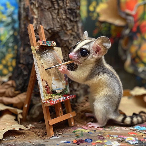 A sugar glider learning to paint, surrounded by art