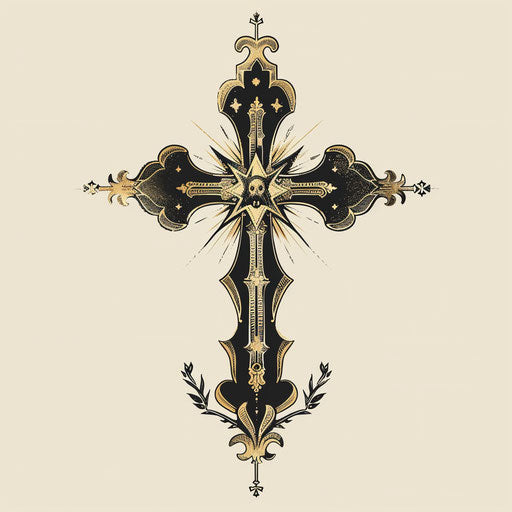 Russian orthodox cross in flat tattoo sketch style detailed in gold tones