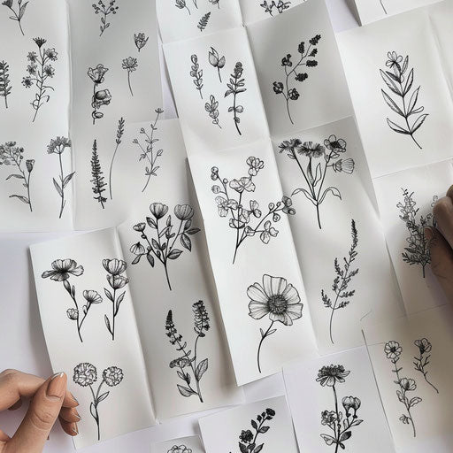 Bold floral tattoos on white background