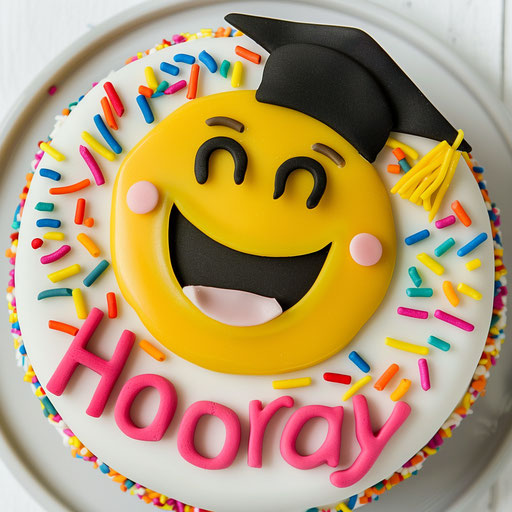 Emoji cake with happy face in graduation gown and 'Hooray' in pink