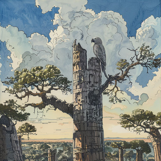 African grey parrot perched on ancient baobab tree