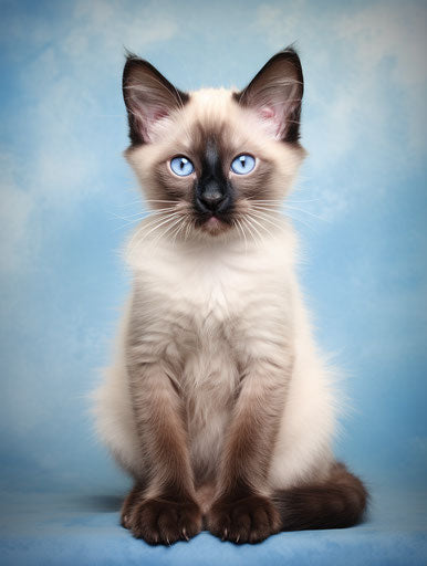 Siamese kitten sitting, light beige and dark azure style