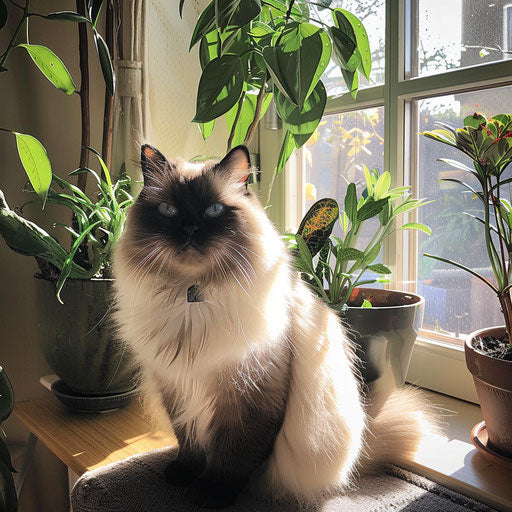 Himalayan cat sitting by a sunny window with plants
