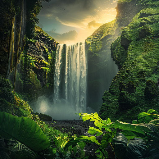 Lush waterfall with exotic jungle in the style of Erez Marom