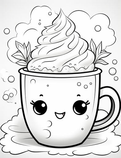 Kawaii chic hot chocolate cup, detailed facial features