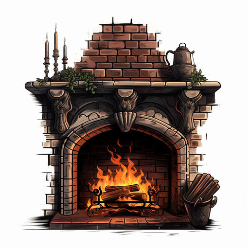Fireplace illustration in the style of Chiaroscuro Art, on white background
