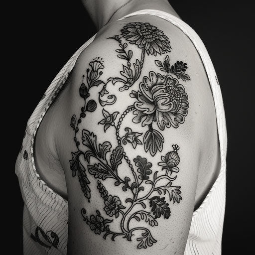 Men's tattoo with intricate floral design