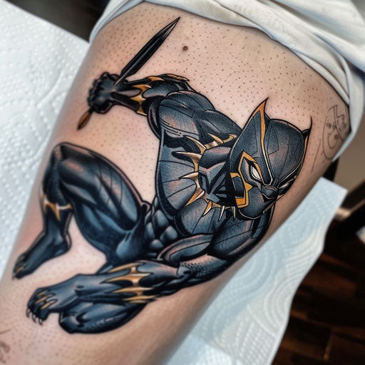 Bold and colorful retro comic book style black panther tattoo