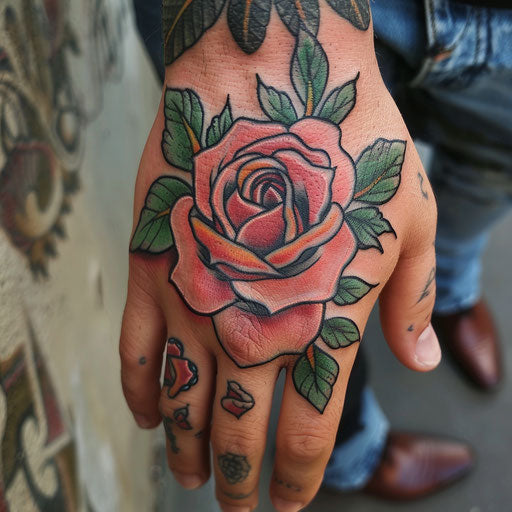 Rose hand tattoo in the style of Steve Sack featuring a cartoon rose