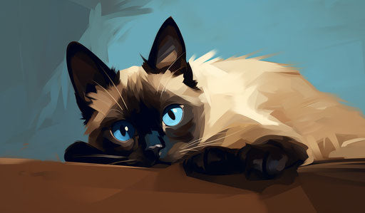 Siamese cat laying on its side, expressive body language style