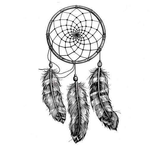 dream catcher in engraved line-work style with feathers