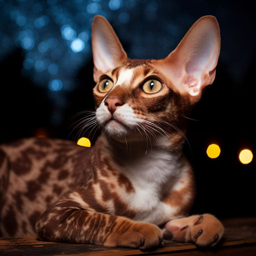 Cornish rex cat laying outside at night