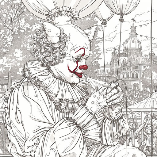A clown making balloon animals for children. Coloring book page