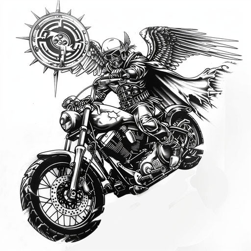 Biomechanical tattoo with Archangel Michael and mechanical bike