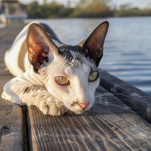 Cornish rex cat lying on a dock