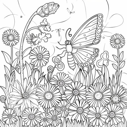 Whimsical butterfly flying among cartoonish flowers. Coloring book page