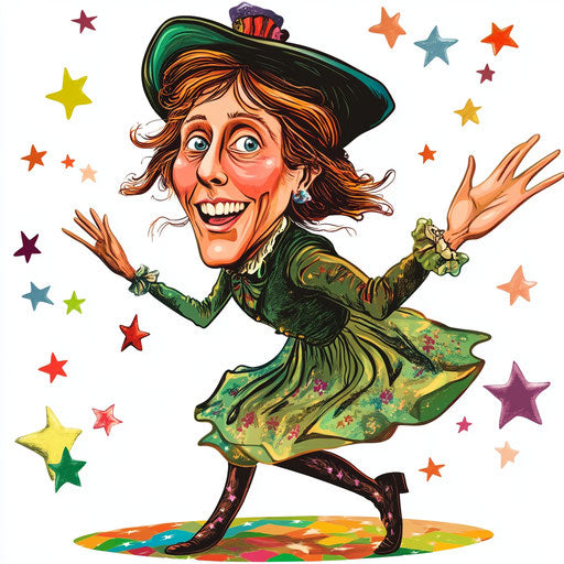 Humorous caricature of a Louisa May Alcott character clipart with human characteristics, exaggerated prominent chin, long legs, surrounded by stars, vibrant colors, cartoon style, waving, high-resolution, no background, isolated