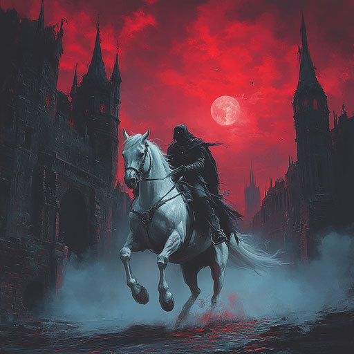 Headless horseman in abandoned town under blood-red sky