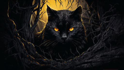 Black cat with yellow eyes in a dark and intricate style