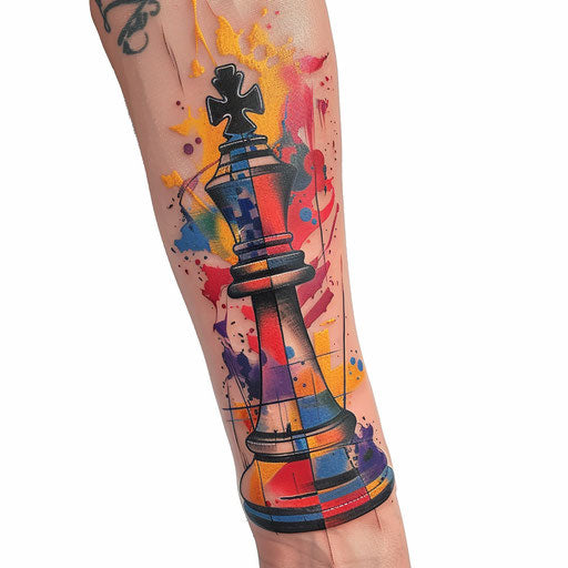 Colorful and stylized tattoo of a chess king piece